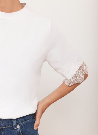White Cotton Lace Trim T-Shirt