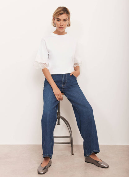 White Cotton Lace Trim T-Shirt