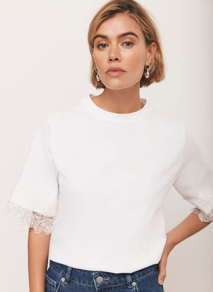 White Cotton Lace Trim T-Shirt