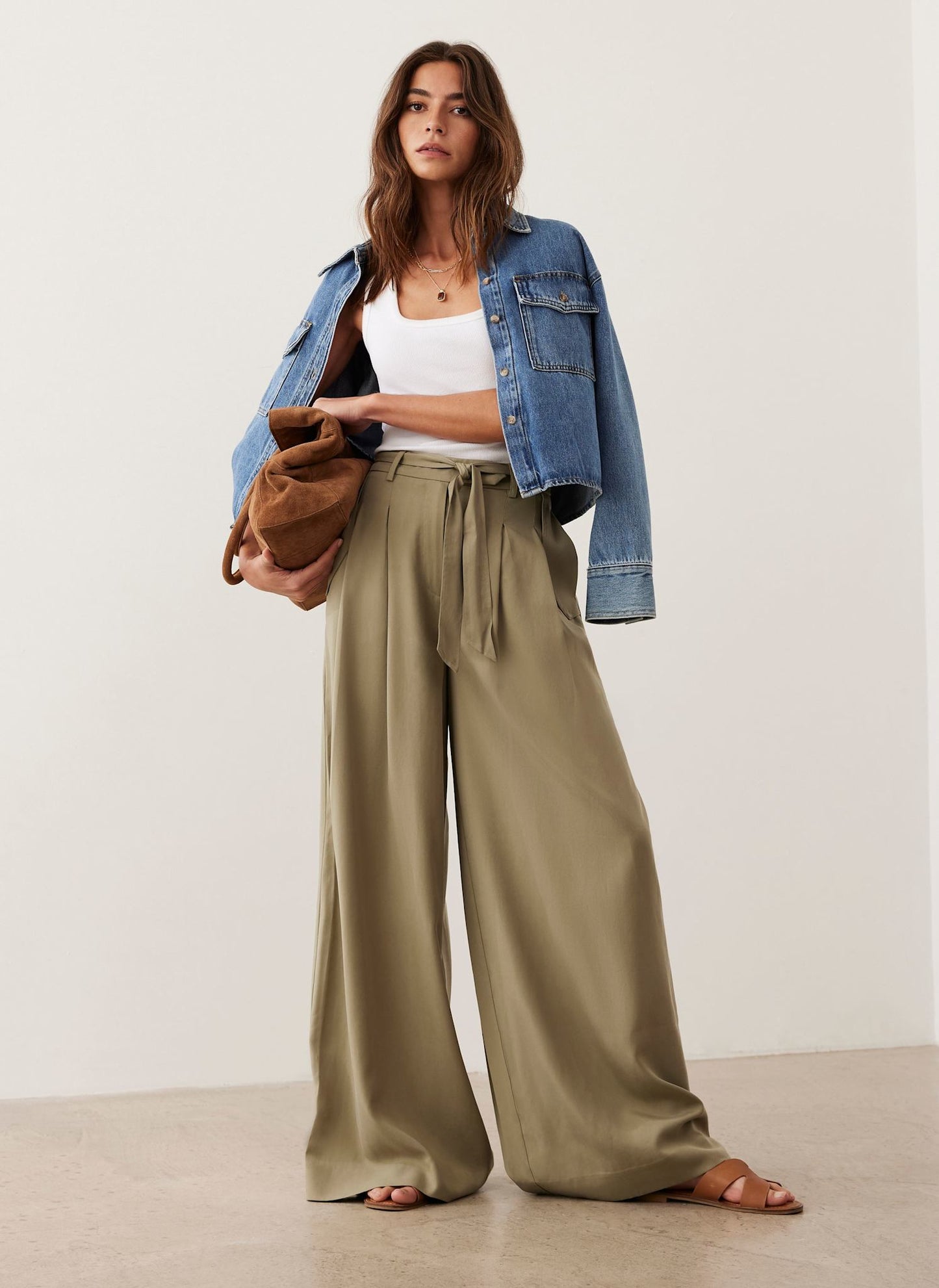 Khaki Belted Wide Leg Trousers