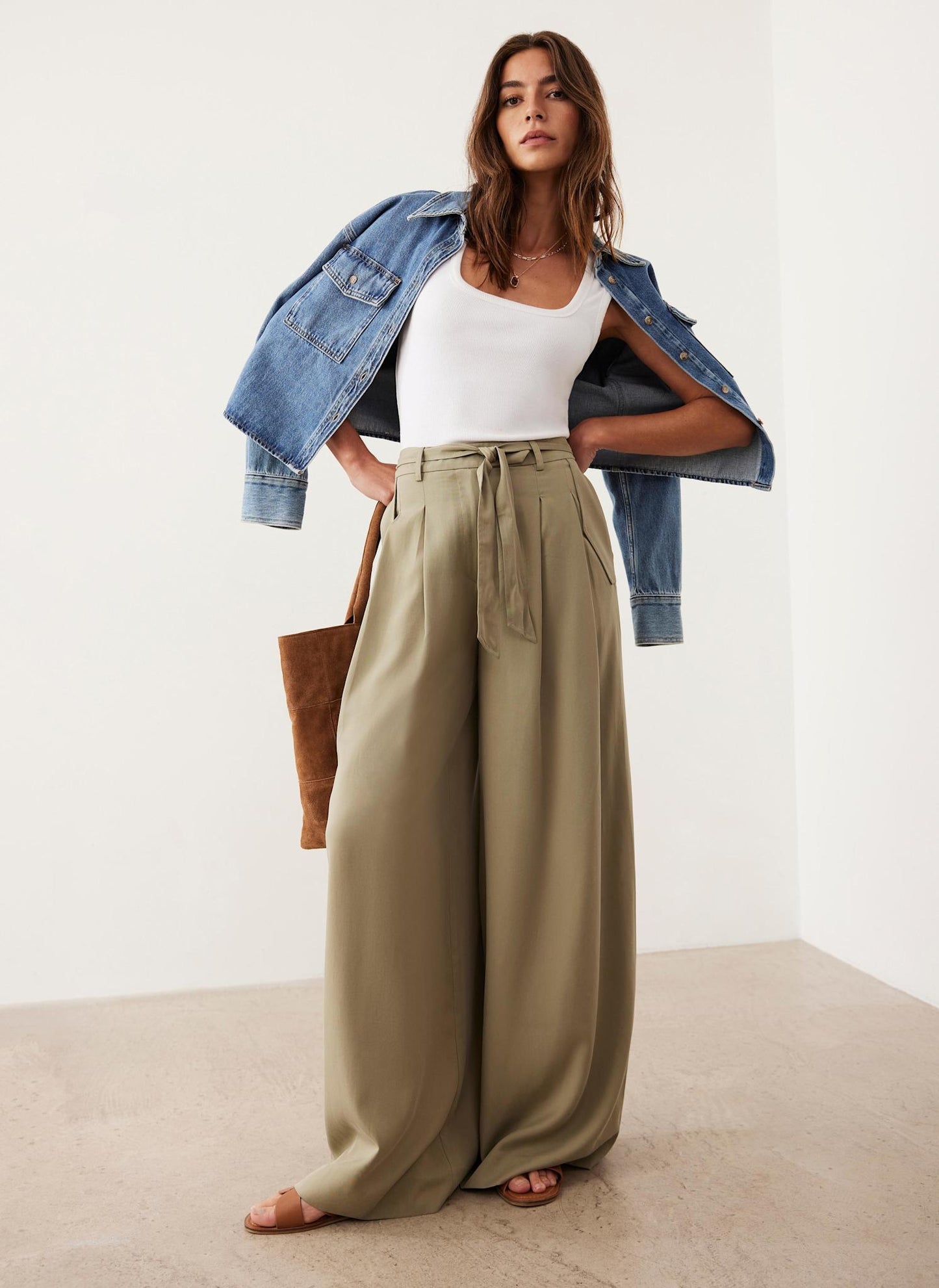 Khaki Belted Wide Leg Trousers