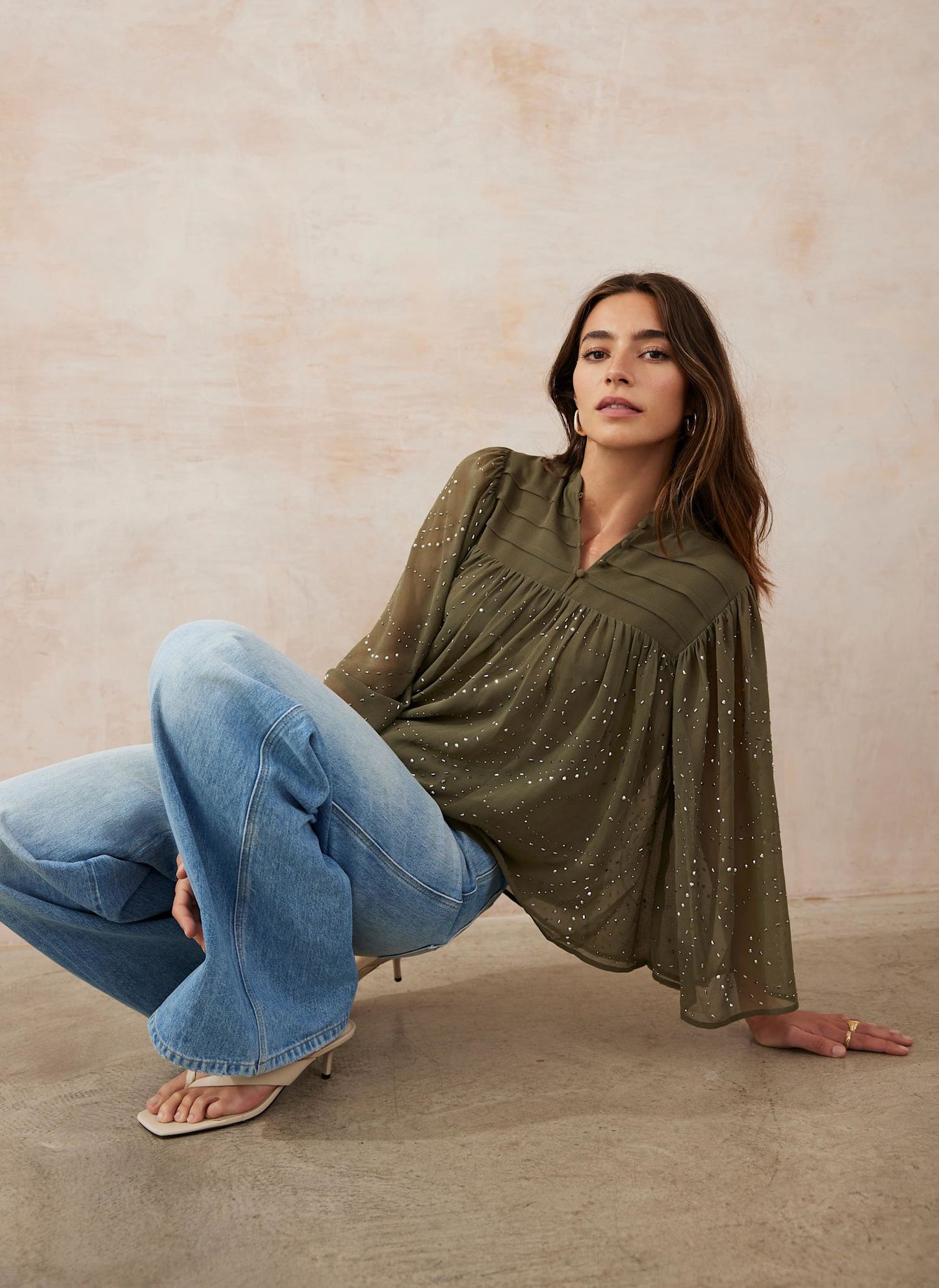 Khaki Embellished Cape Top