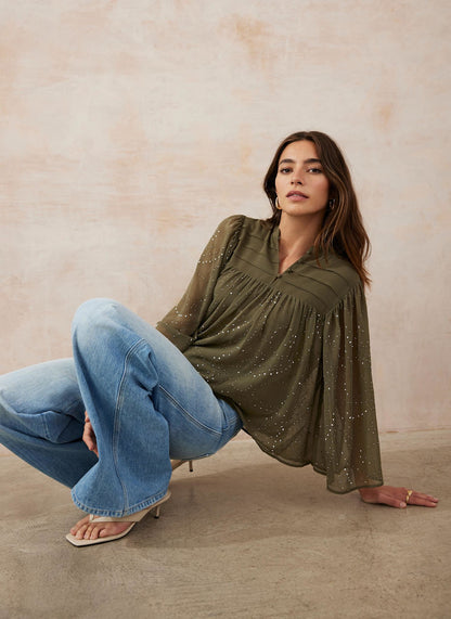Khaki Embellished Cape Top