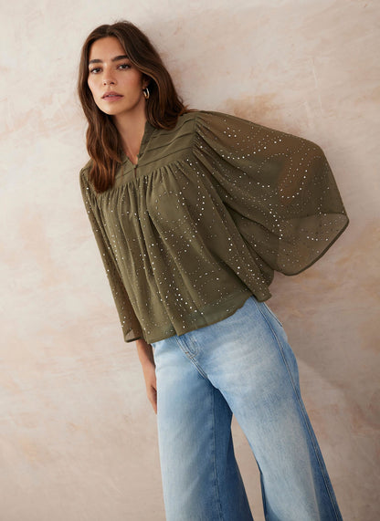 Khaki Embellished Cape Top