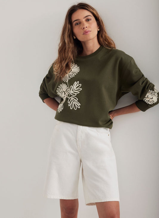 Khaki Cotton Blend Flower Sweatshirt