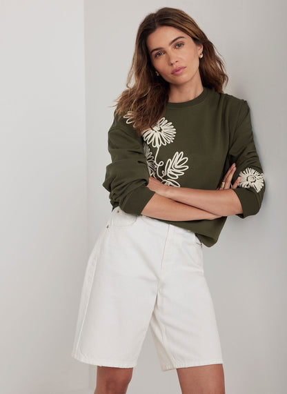 Khaki Cotton Blend Flower Sweatshirt