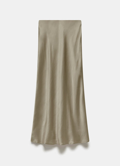 Khaki Satin Slip Midi Skirt
