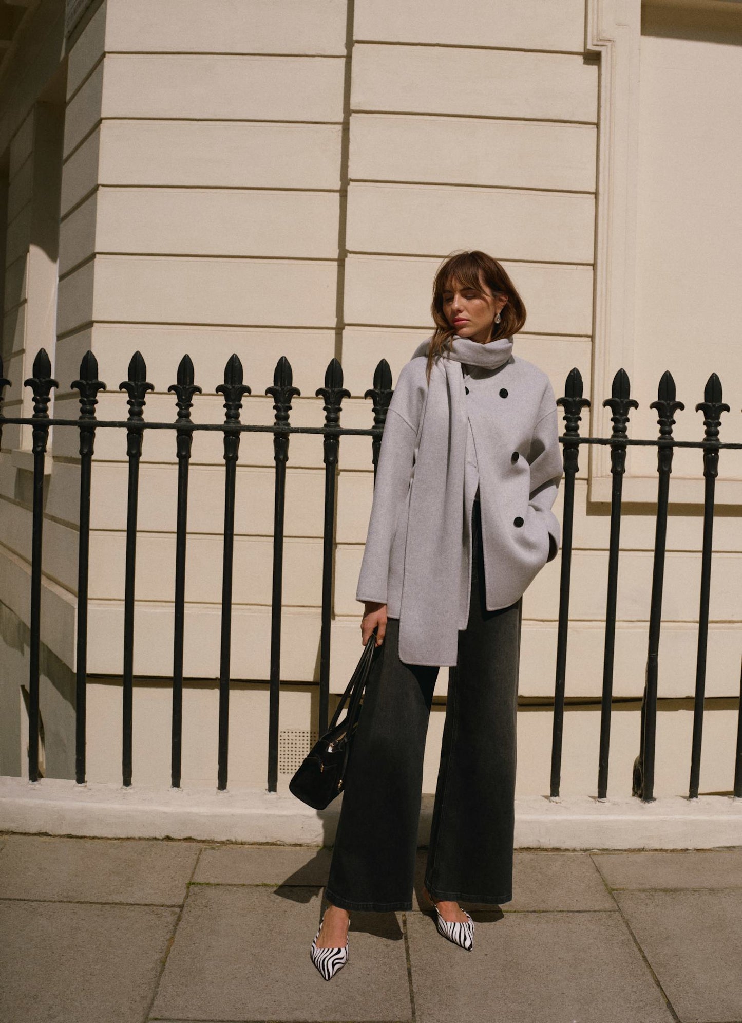 Light Grey Wool Blend Hand Finished Scarf Detail Coat