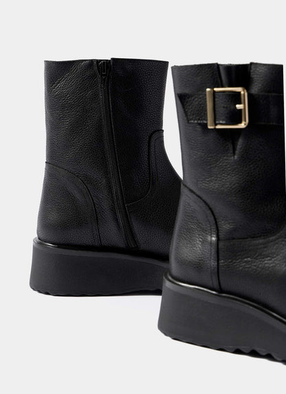 Lola Black Leather Wedge Biker Boots