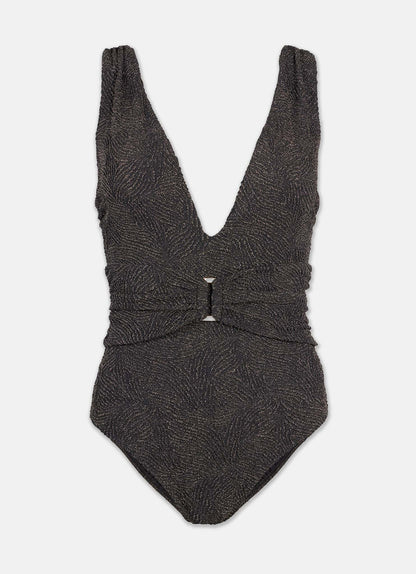 Black Lurex Jacquard Plunge Swimsuit