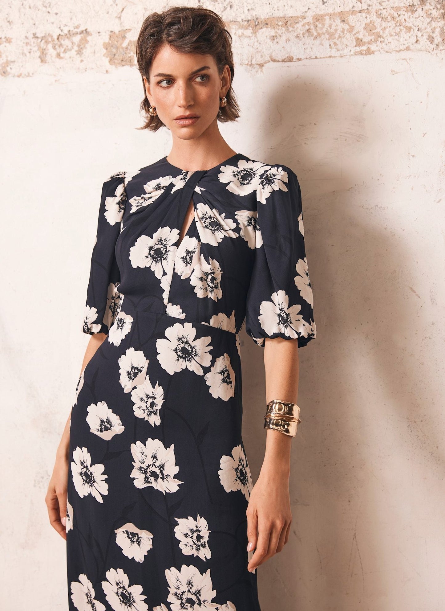 Navy Floral Print Midi Dress