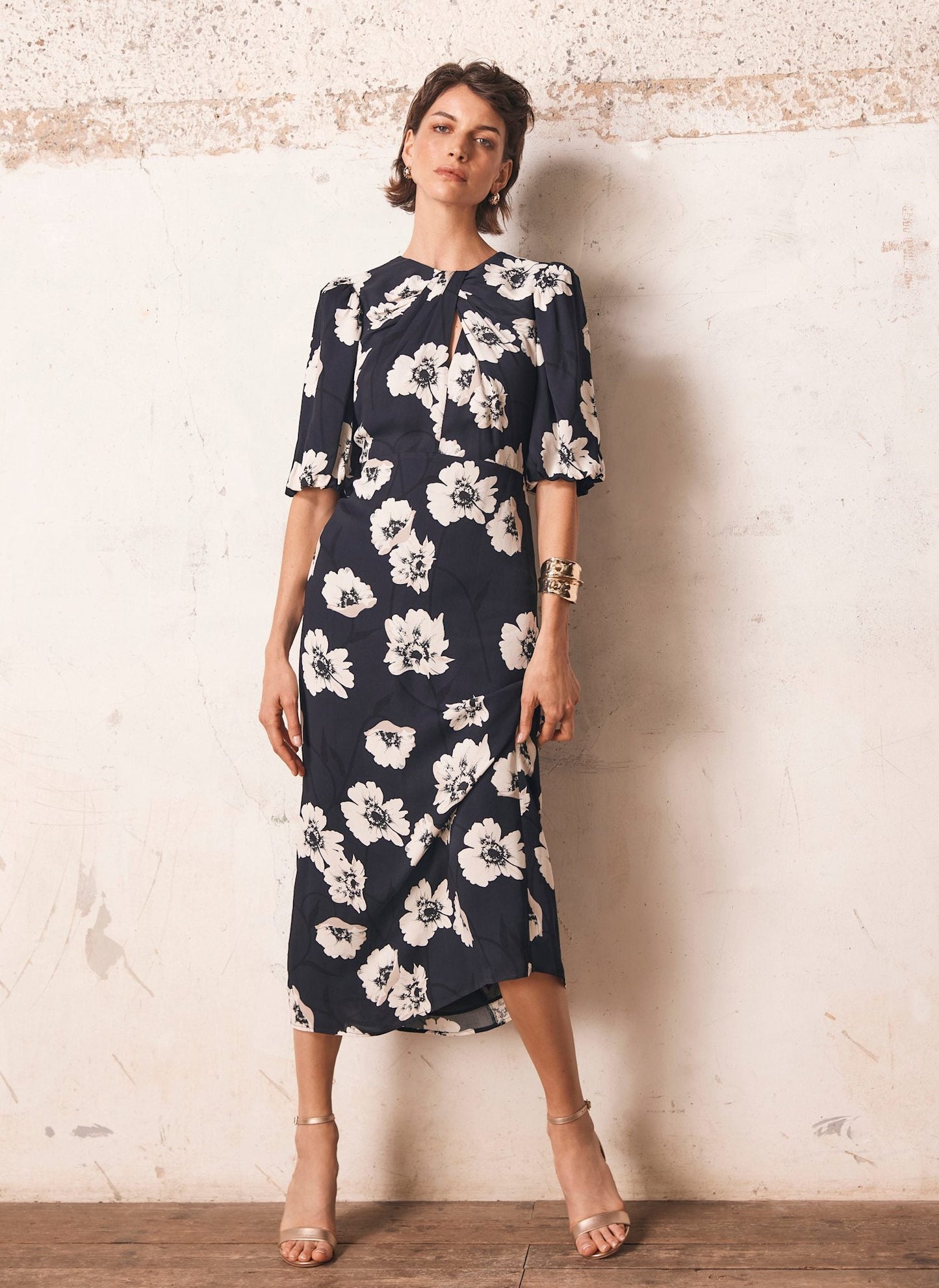 Navy Floral Print Midi Dress