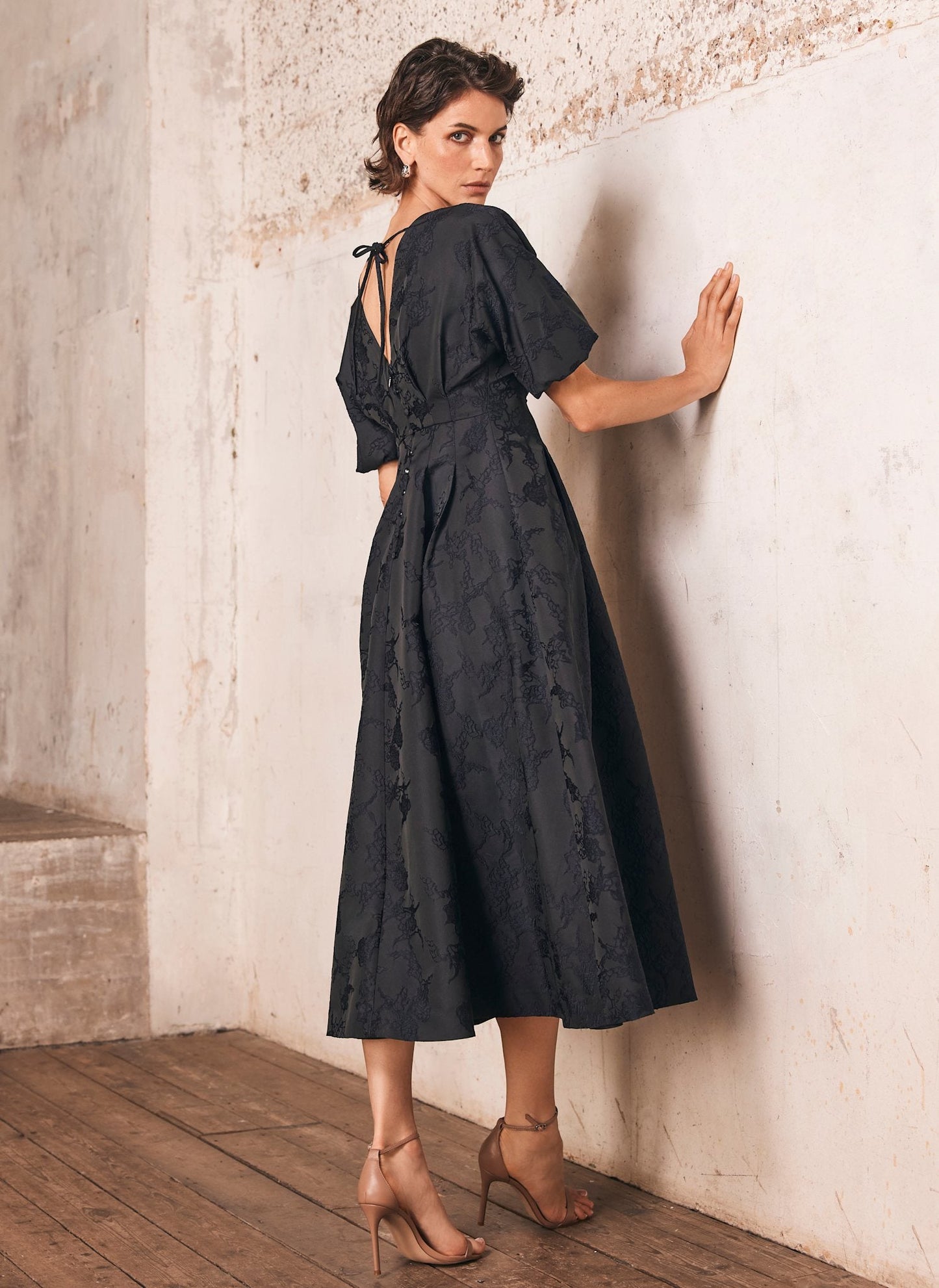 Navy Jacquard Midi Dress