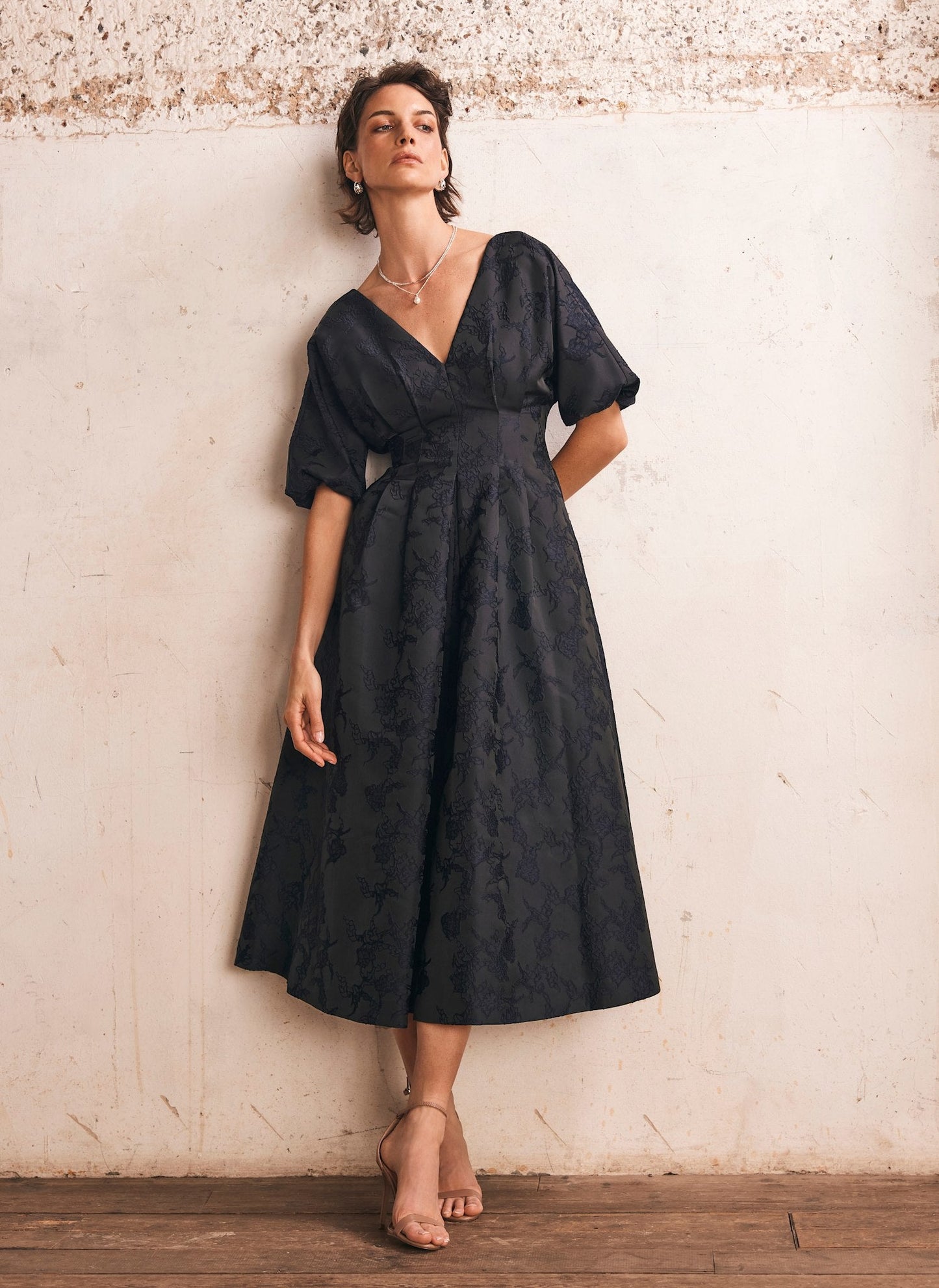 Navy Jacquard Midi Dress
