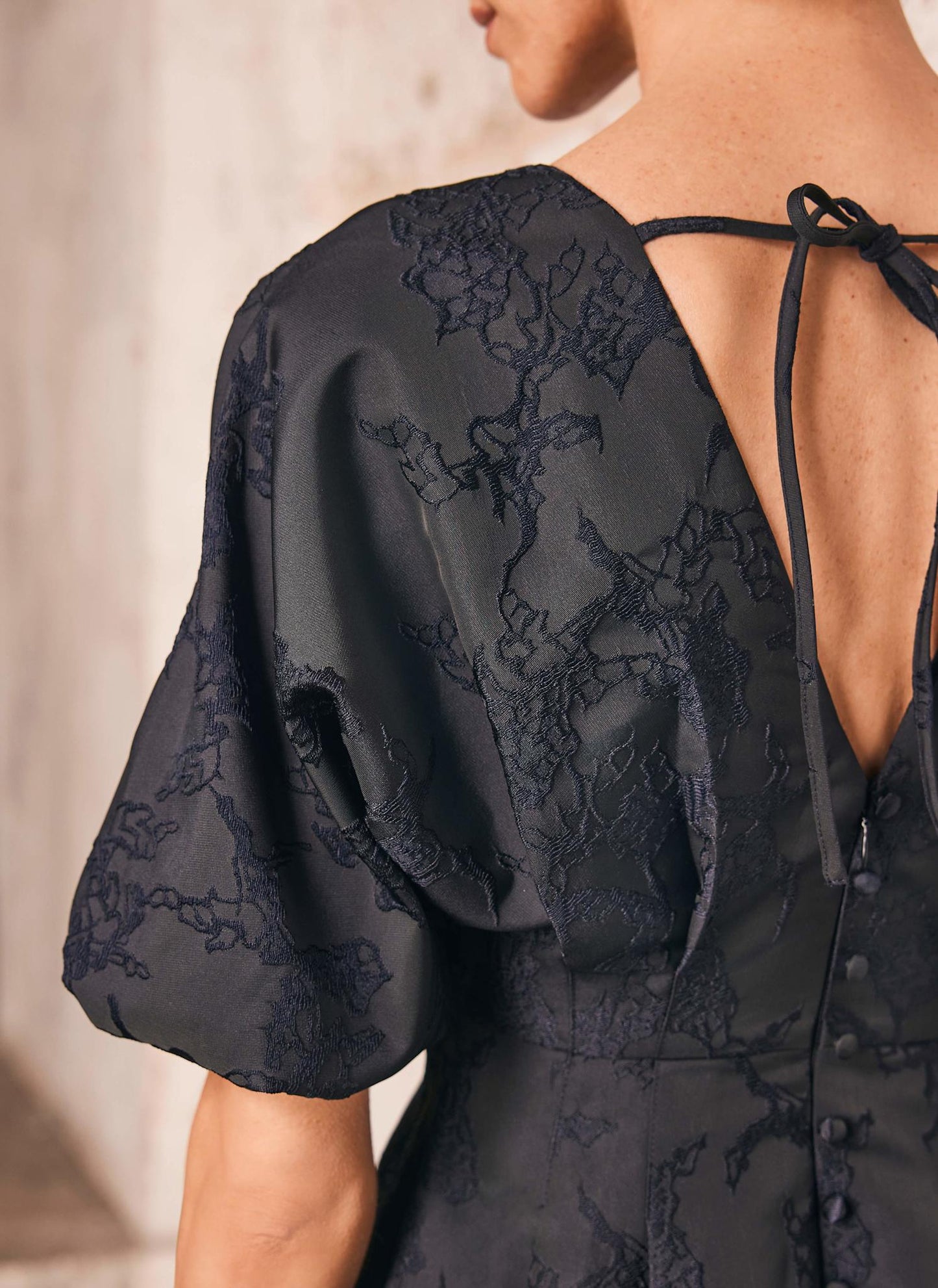 Navy Jacquard Midi Dress