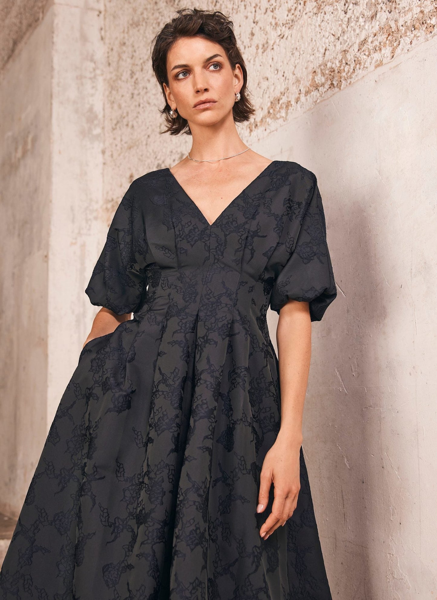 Navy Jacquard Midi Dress