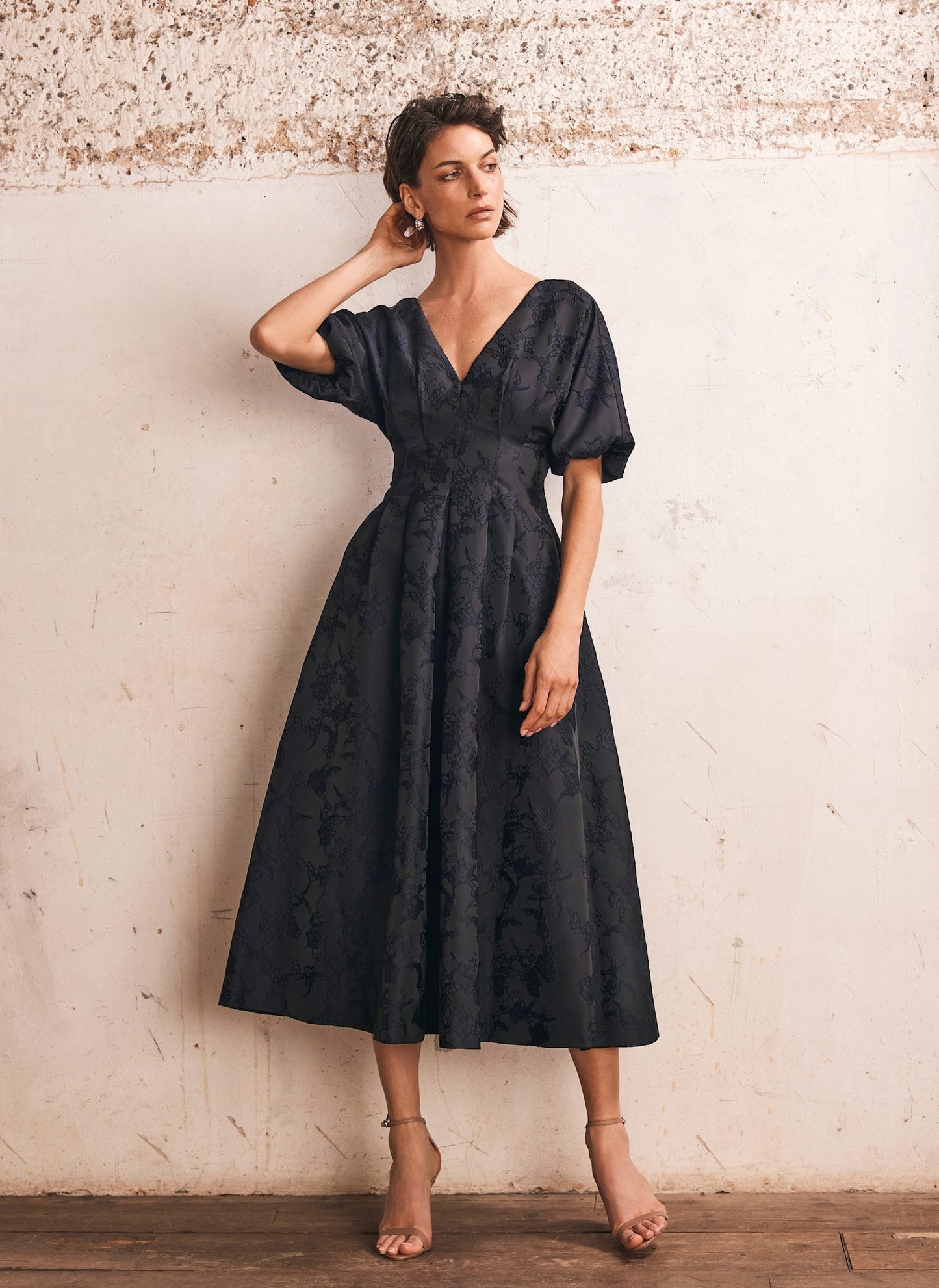 Navy Jacquard Midi Dress