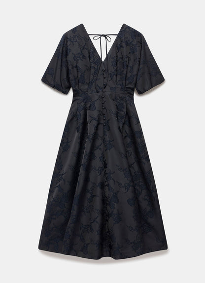 Navy Jacquard Midi Dress