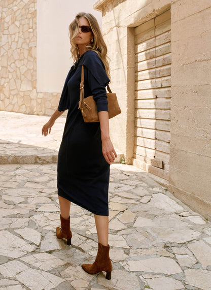 Navy Scarf Detail Knit Midi Dress