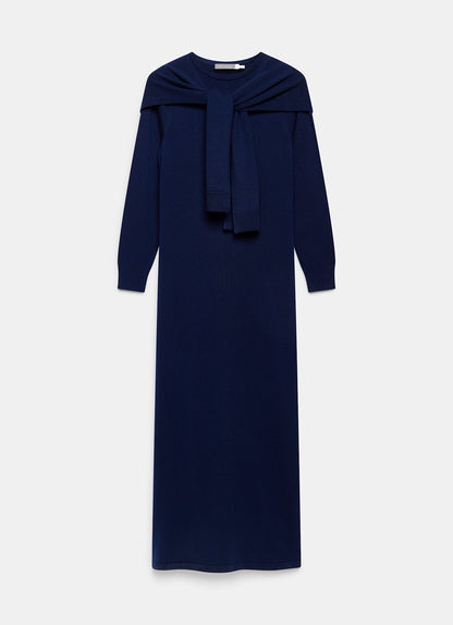 Navy Scarf Detail Knit Midi Dress