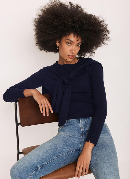 Navy Cotton Blend Scarf Detail Jumper