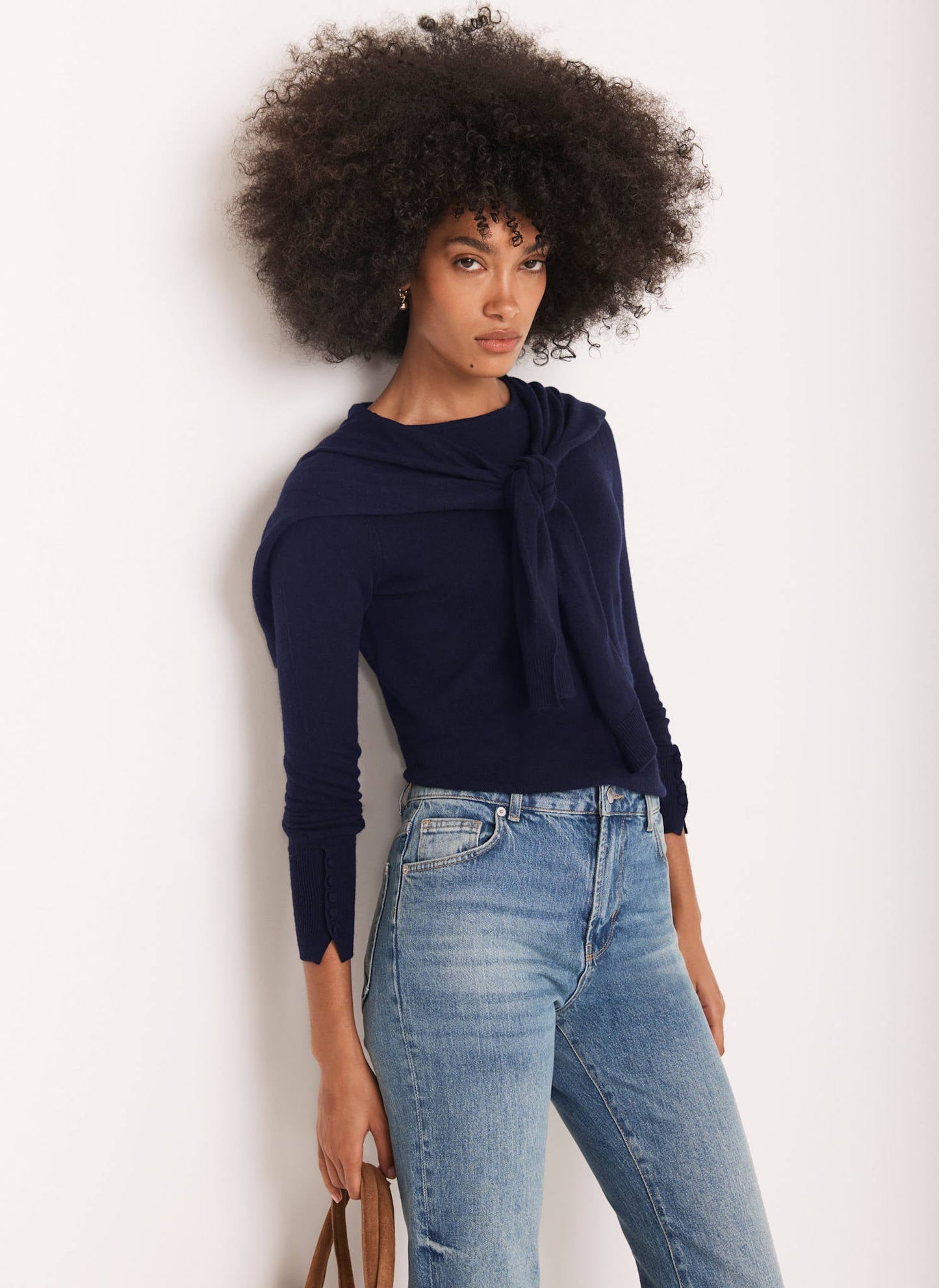 Navy Cotton Blend Scarf Detail Jumper