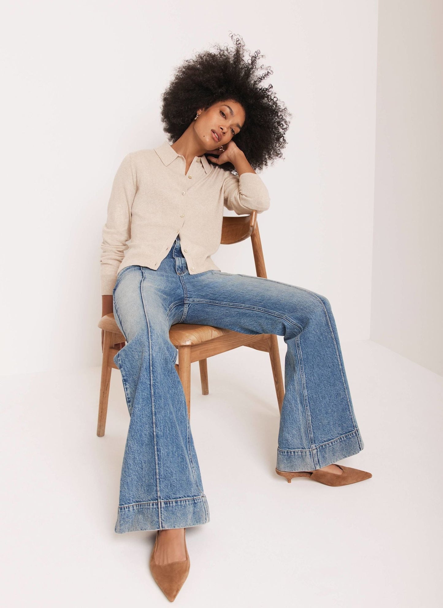 Neutral Cotton Blend Button Collar Cardigan