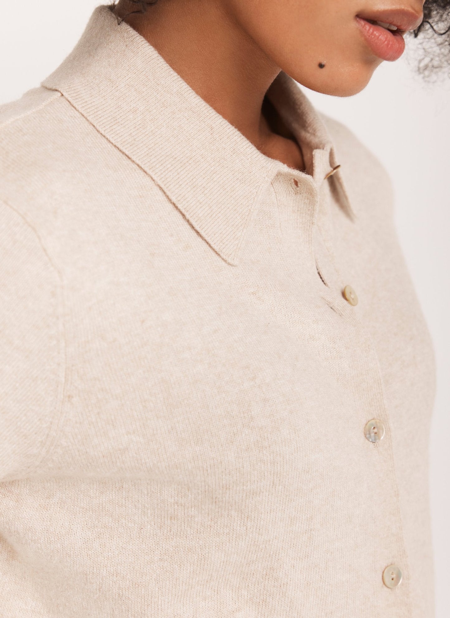 Neutral Cotton Blend Button Collar Cardigan