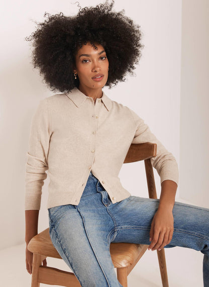 Neutral Cotton Blend Button Collar Cardigan