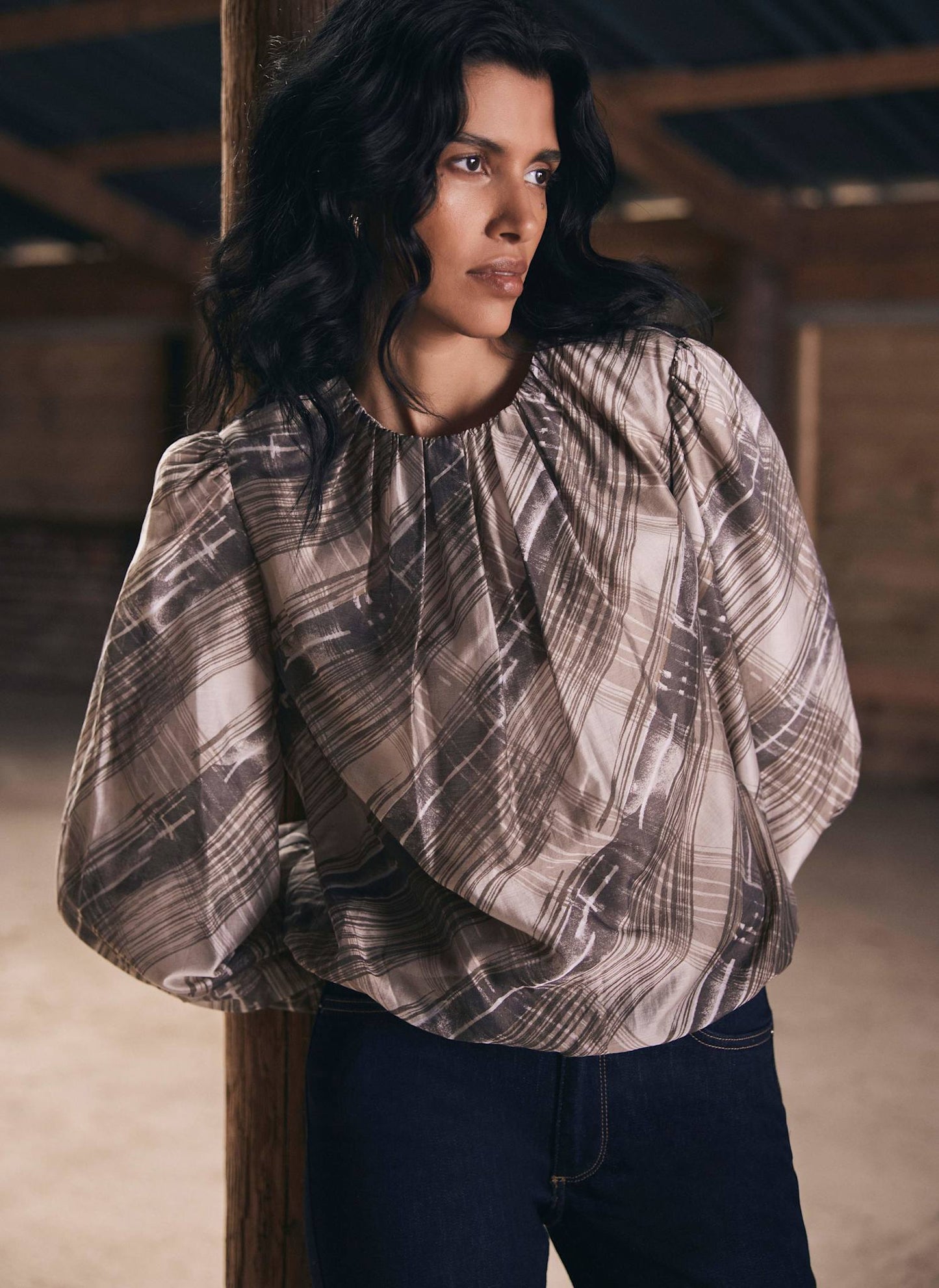 Brown Check Print Blouse