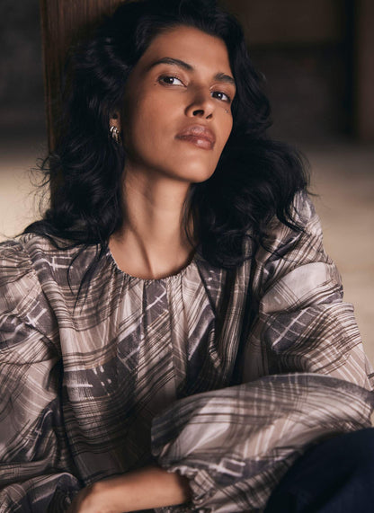 Brown Check Print Blouse