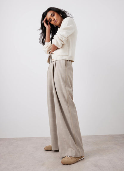 Neutral Checked Tailored Wide Trousers