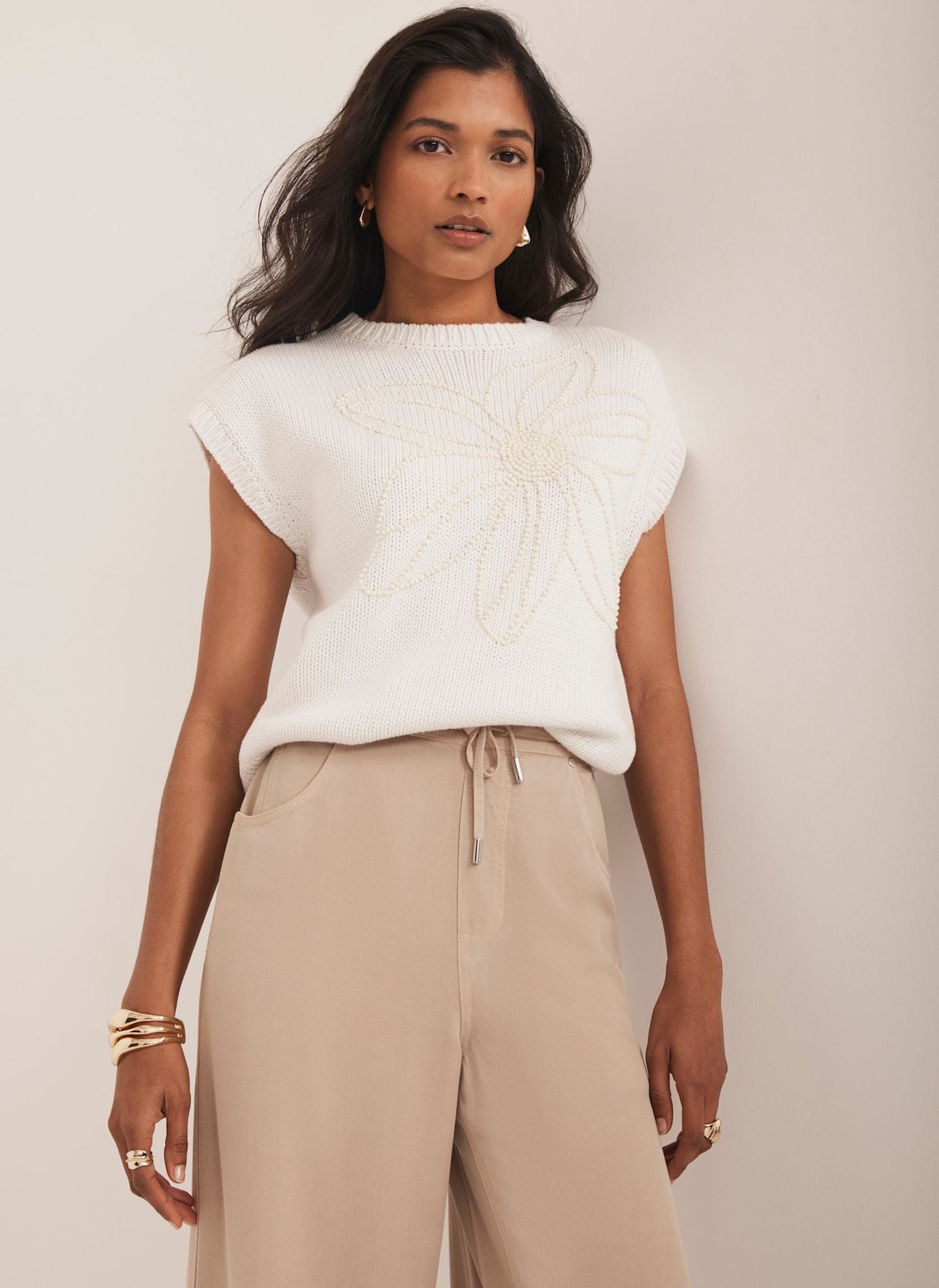 Neutral Floral Embellished Knit Top