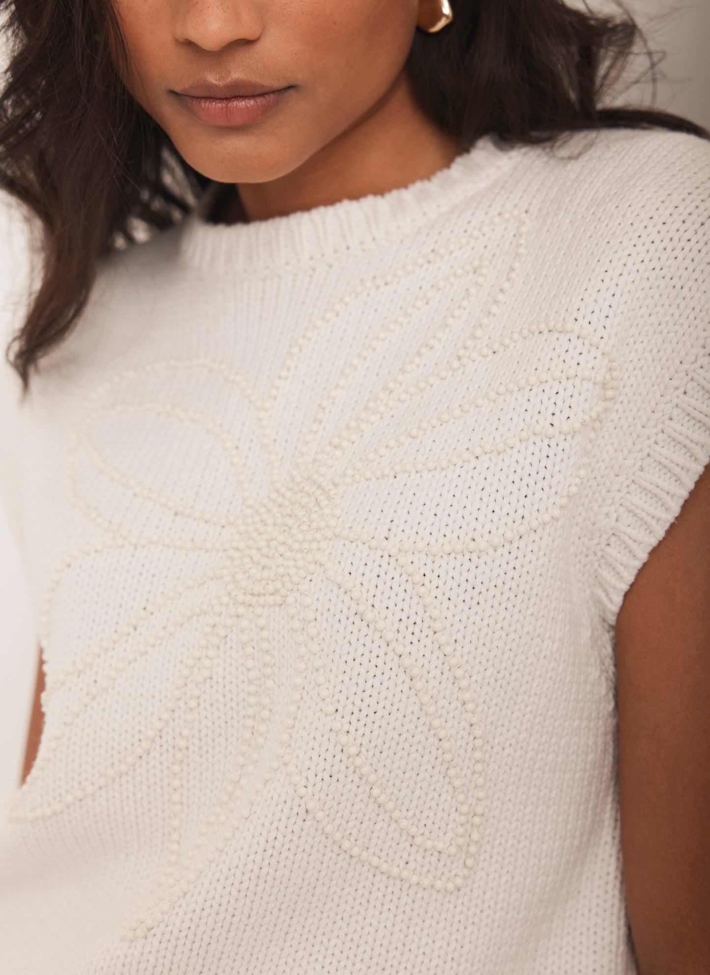 Neutral Floral Embellished Knit Top