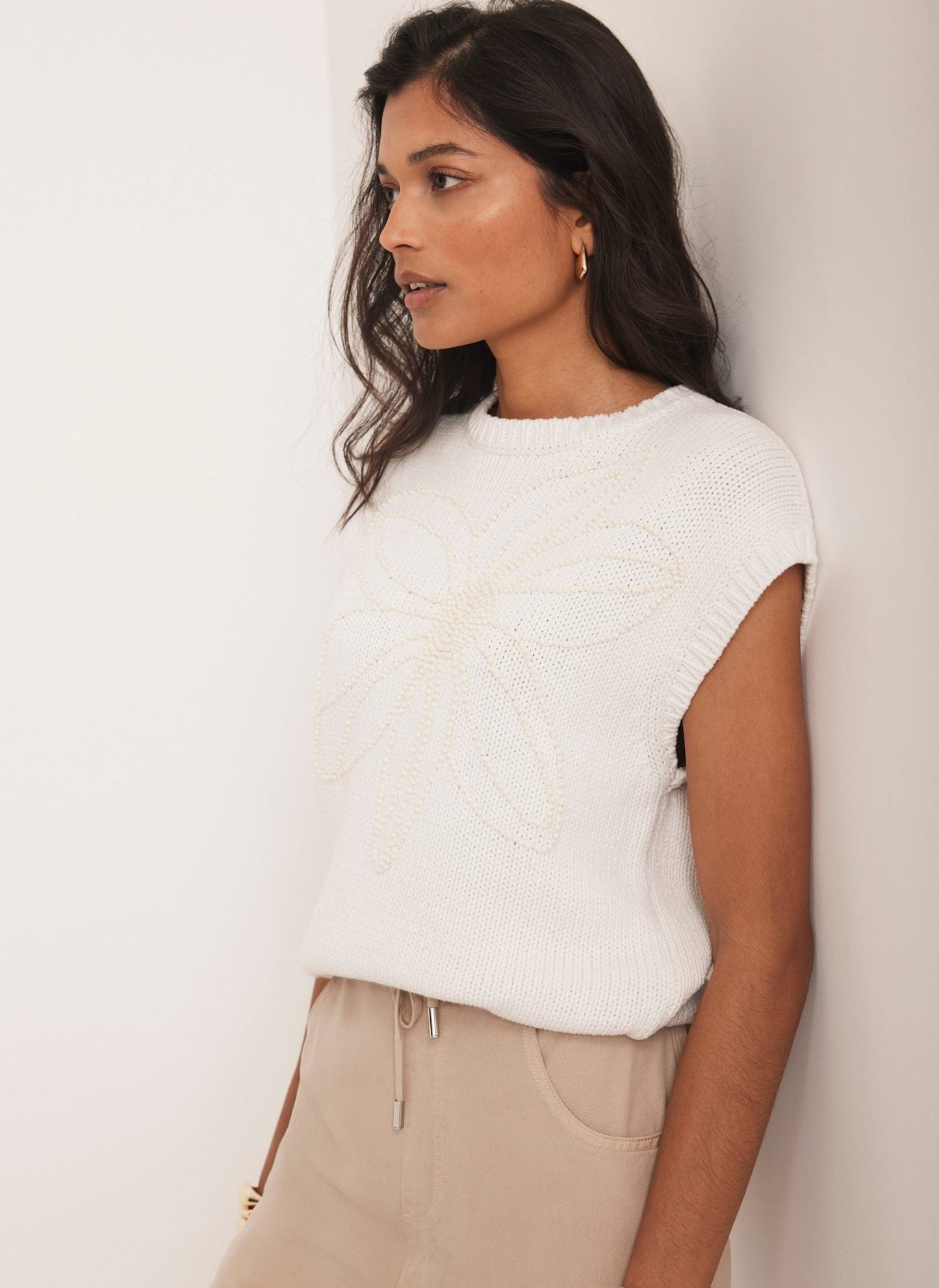 Neutral Floral Embellished Knit Top