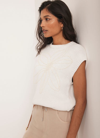 Neutral Floral Embellished Knit Top