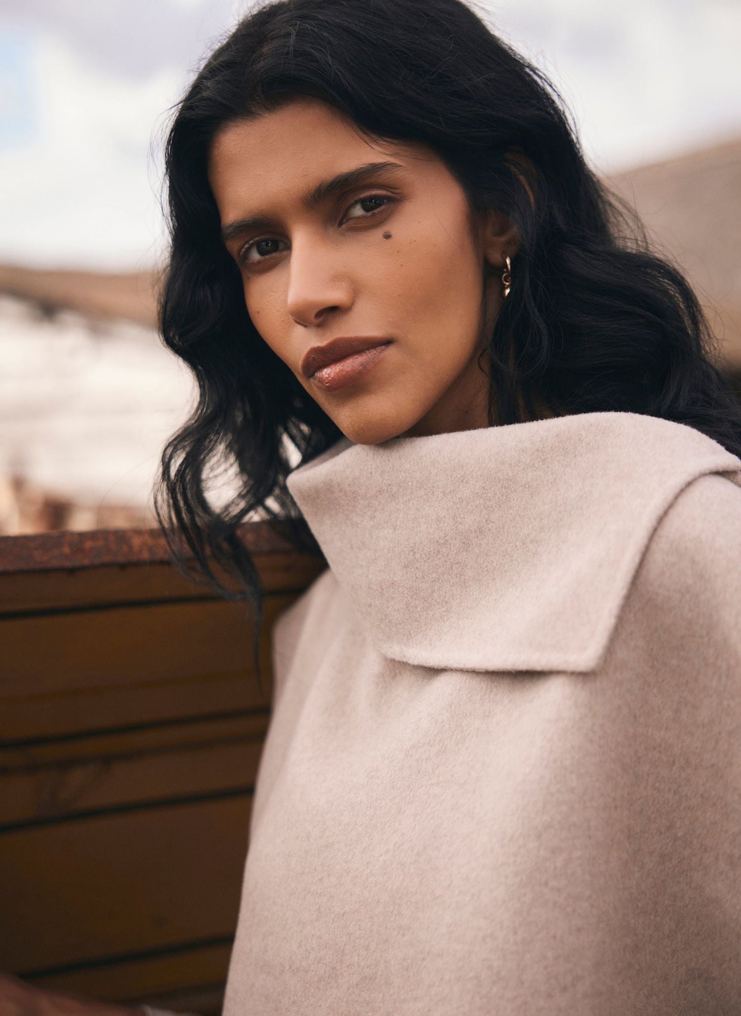 Neutral Wool Blend Fringed Poncho