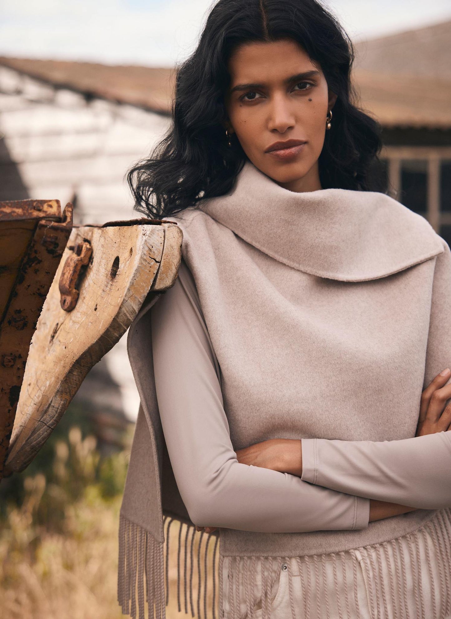 Neutral Wool Blend Fringed Poncho