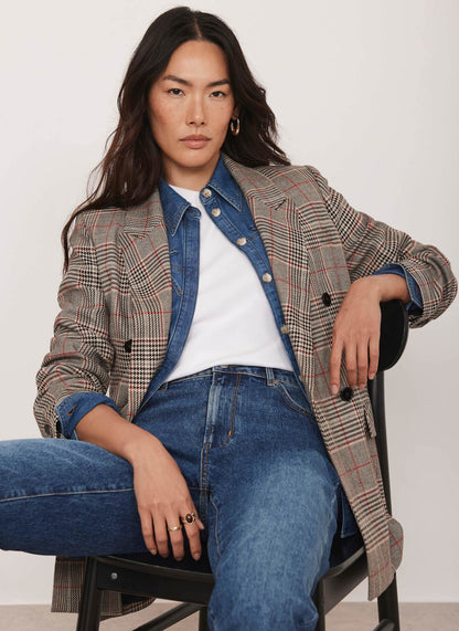 Neutral Checked Double Breasted Blazer