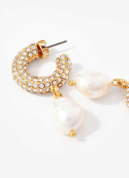 Gold Tone Pave Hoop Pearl Earrings
