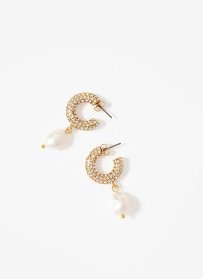 Gold Tone Pave Hoop Pearl Earrings