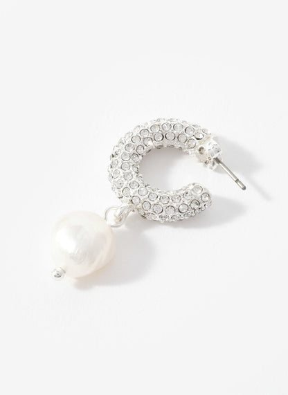 Silver Tone Pave Hoop Pearl Earrings