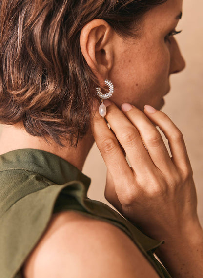 Silver Tone Pave Hoop Pearl Earrings