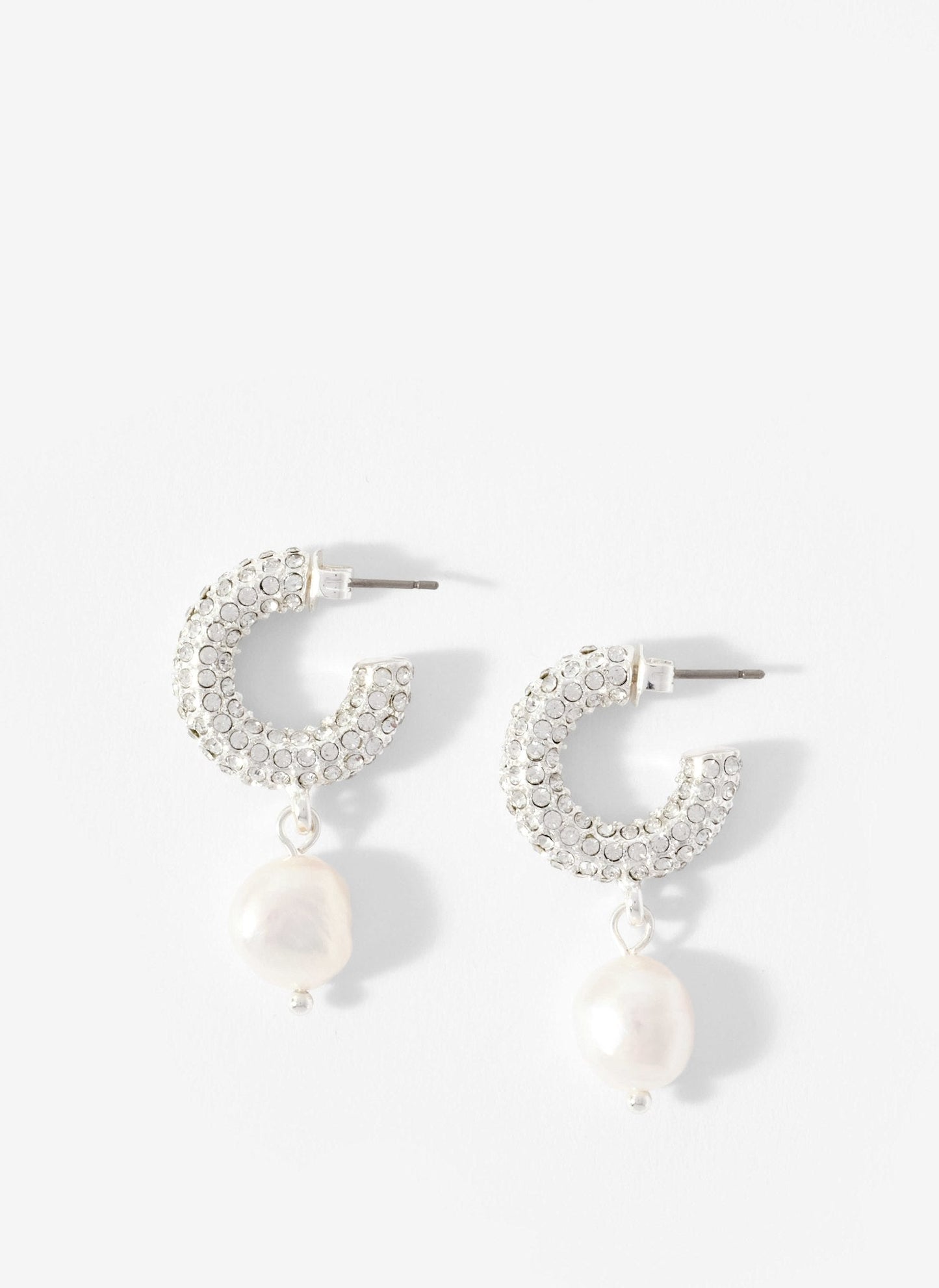 Silver Tone Pave Hoop Pearl Earrings