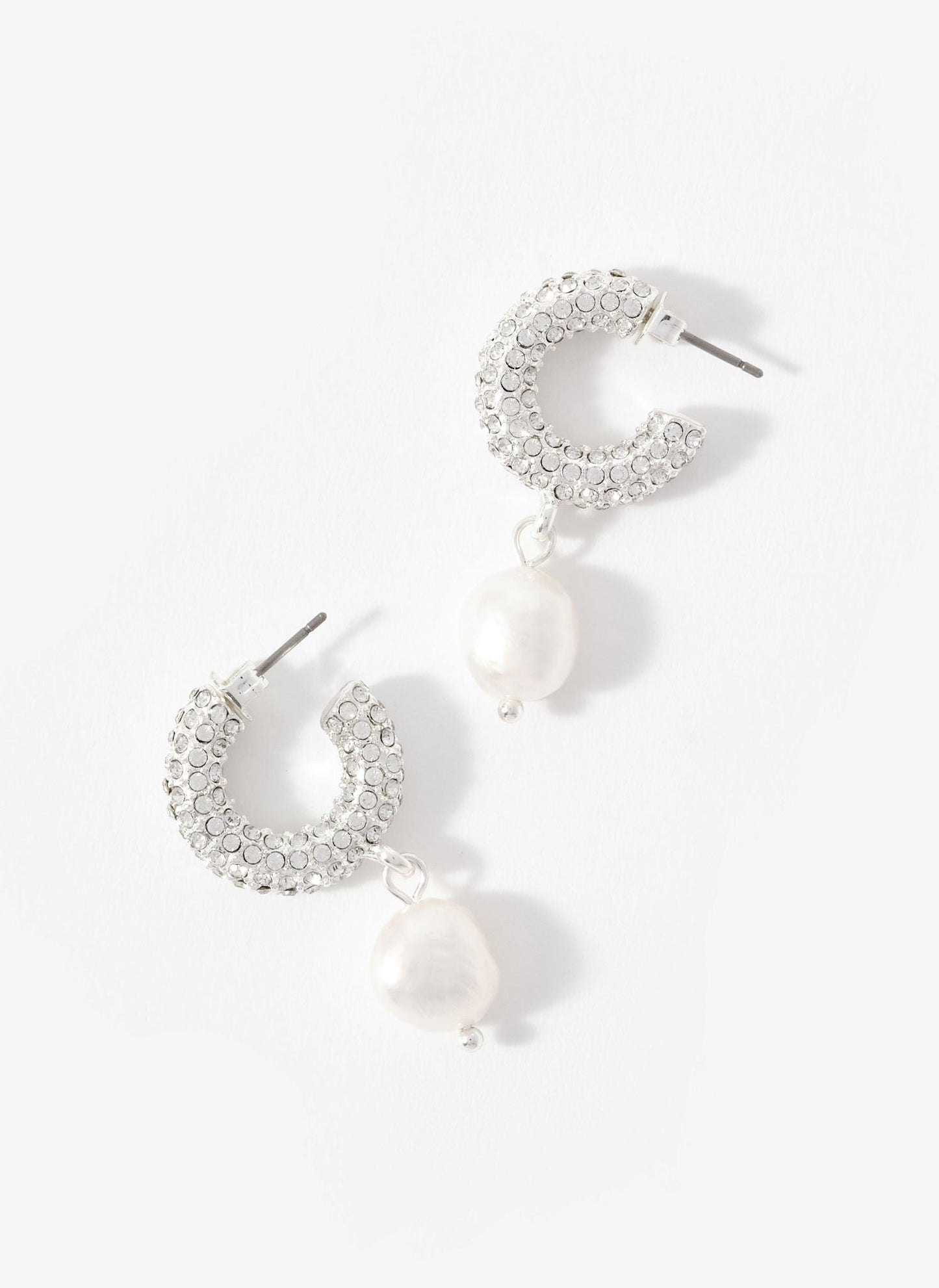 Silver Tone Pave Hoop Pearl Earrings