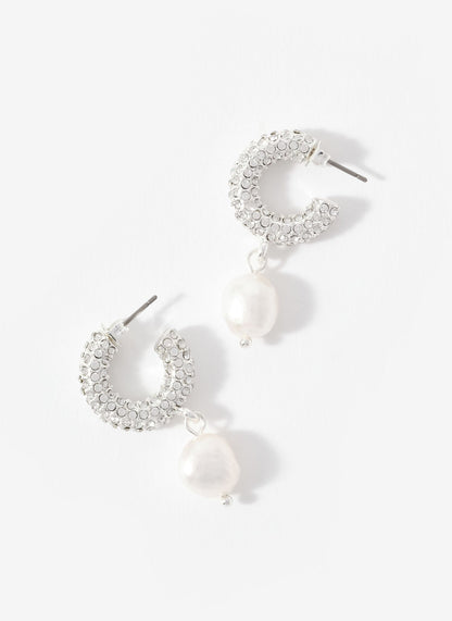 Silver Tone Pave Hoop Pearl Earrings