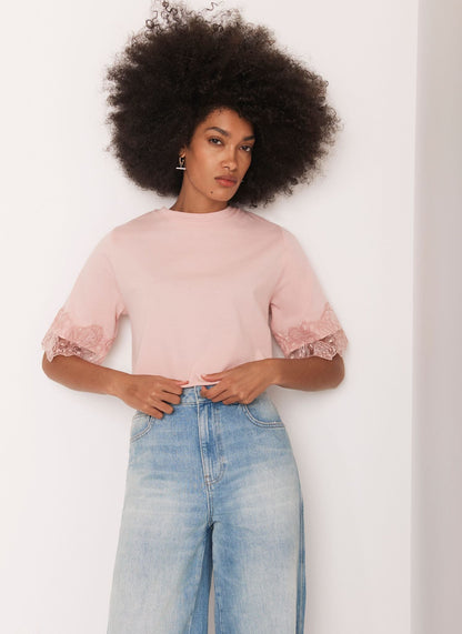 Pink Cotton Lace Trim T-Shirt