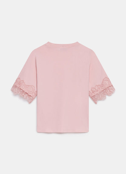 Pink Cotton Lace Trim T-Shirt