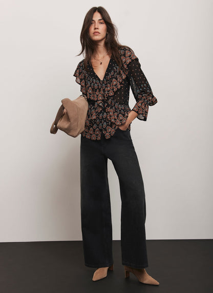 Black Boho Print Ruffle Blouse