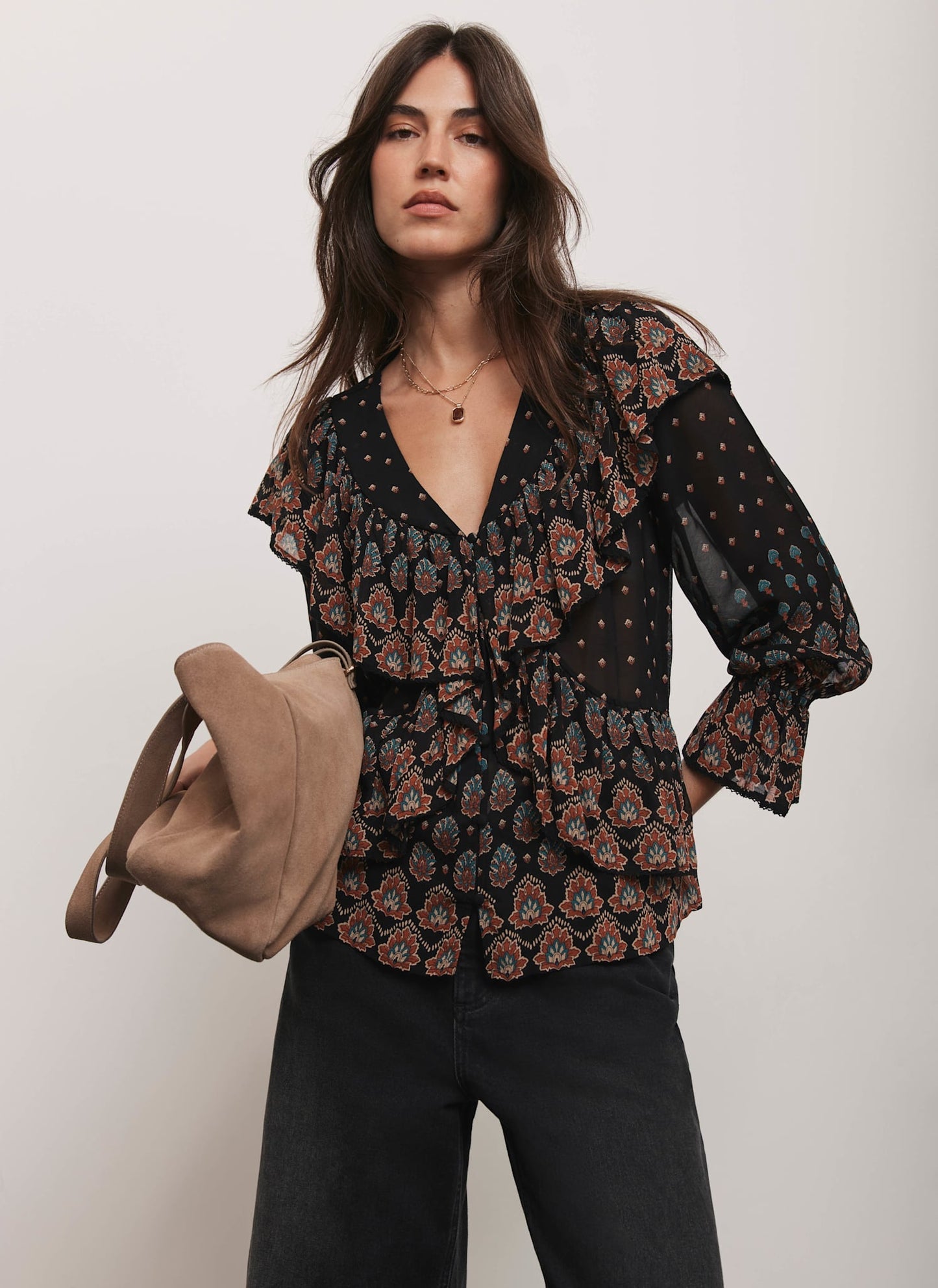 Black Boho Print Ruffle Blouse